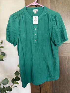 J.Crew Green Gauze Short Sleeve Henley Blouse